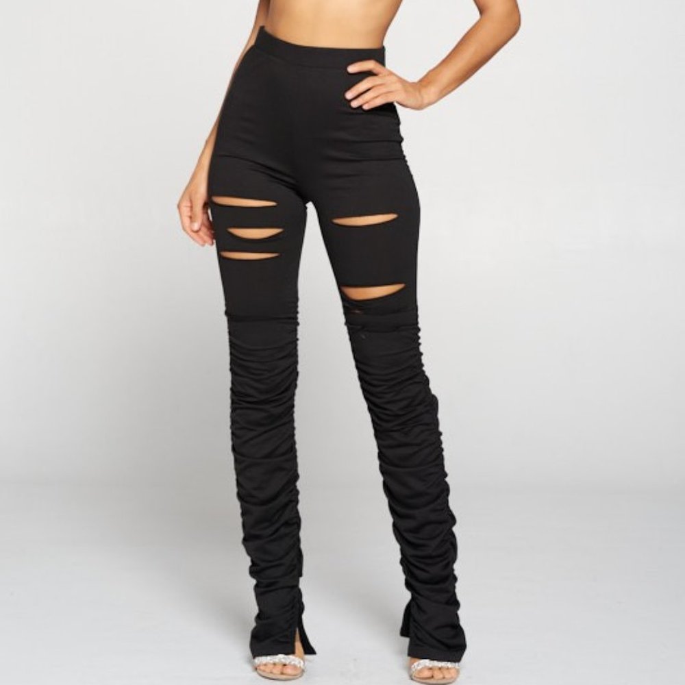 Ruched High Waist Cut Out Stretch Pants Black